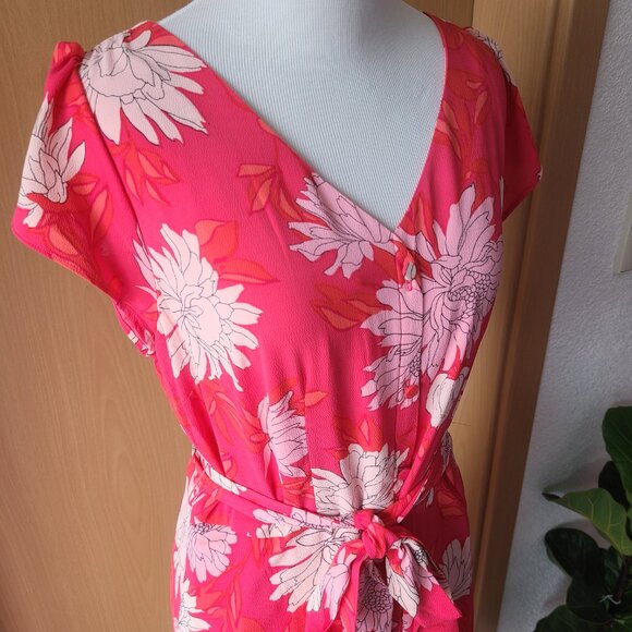 Talbots Pink Floral Chrysanthemum Belted Button Front Midi Shirt Dress 8 Petite - Picture 8 of 16